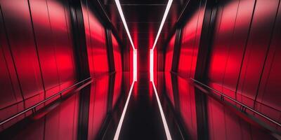 Red lit elevator hallway in a tall residential tower Futuristic lift shaft Abstract perspective from below photo