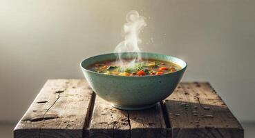 Steaming bowl of vegetable soup on rustic table photo