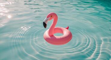 A pink flamingo floating in a pool photo