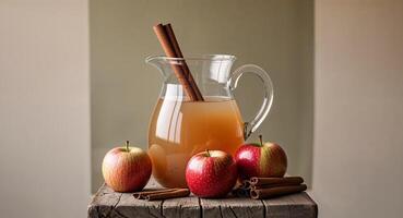 Apple cider in a pitcher with cinnamon sticks photo