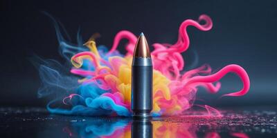 Bullet in motion surrounded by colorful smoke and reflections on the surface. photo