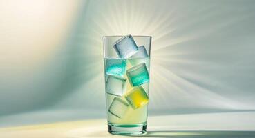 Refreshing Beverage with Ice Cubes in Clear Glass on Light Background photo