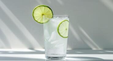 Cool and refreshing lemon limeade in a glass with lime lime slice for summer treat. photo
