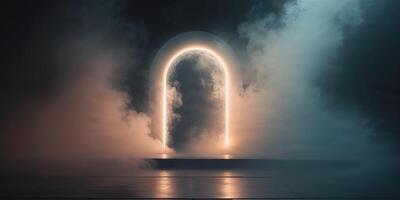 Mysterious illuminated portal with fog eerie atmosphere on stage photo