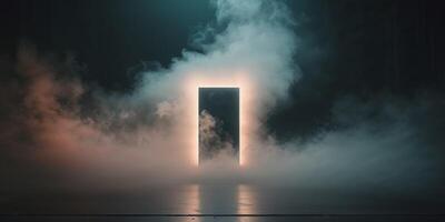 Mysterious illuminated portal with fog eerie atmosphere on stage. photo
