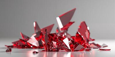 Broken pieces of red glass texture shattered geometric shape gems abstract background. photo