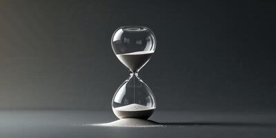 An hourglass with almost no sand left in the upper chamber. photo