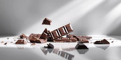 Broken chocolate bar pieces scattered on a clean surface photo
