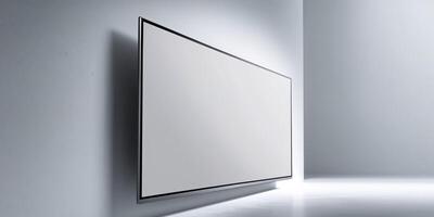 Modern flat screen television mounted on wall with blank display ready for content or image. photo