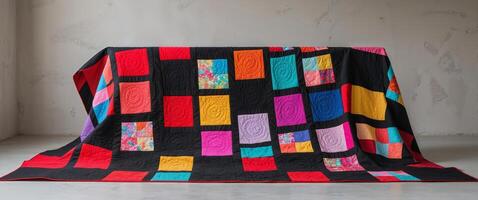 A black and red patchwork quilt with squares of different colors. photo