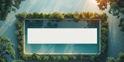 Aerial View of Serene Swimming Pool Surrounded by Lush Greenery with Blank Space for Text or Caption. photo
