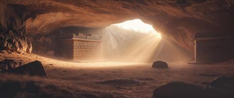 Light streams through a cave opening illuminating a stone structure in a historical burial site at dawn. photo