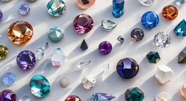 Colorful assortment of polished gemstones and crystals in various shapes and sizes natural texture background with Copy Space. photo