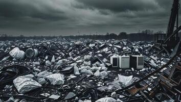 Chaos in recycling overhead view of landfill challenges in urban waste management. photo