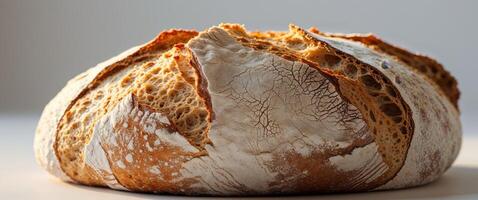 Close up of rustic homemade sourdough bread crust highlighting texture with blank space for text or branding use photo