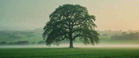 A lone tree in a green field with fog photo