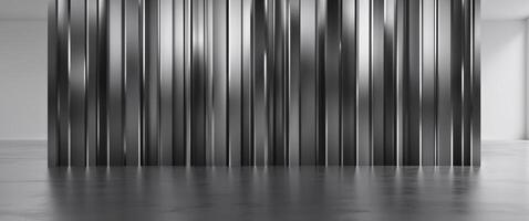 A black and white image of a room with a wall of metal photo