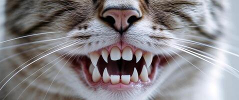 A close up of a cat's mouth with its teeth open photo