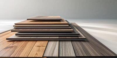 Stack of various laminate wood flooring samples with different textures and colors. photo