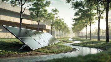 Solar panel on path lined with trees in urban environment with building backdrop. photo