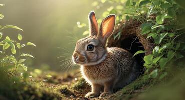 Curious rabbit emerges from burrow surrounded by greenery in soft sunlight. photo