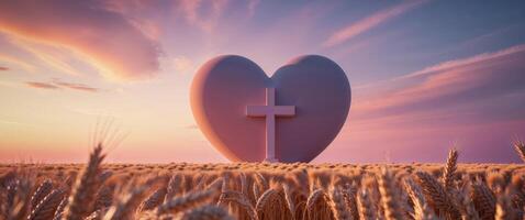 A heart with a cross in the center in the middle of a wheat field at sunset. photo