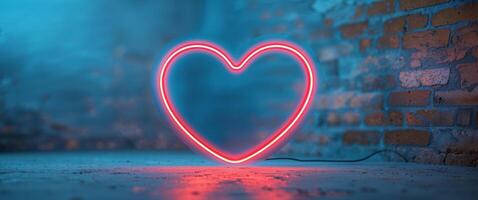 A neon heart is shown in front of a brick wall photo
