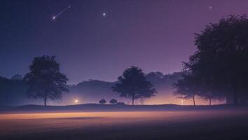 A night sky with a comet and trees photo