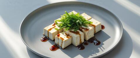 A plate of tofu with sauce and garnish photo