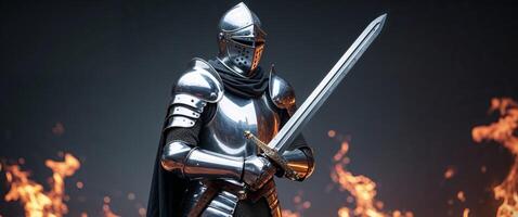 A knight in armor holding a sword in front of fire photo
