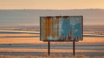 An old rusted billboard in the middle of a field photo