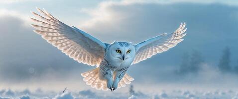 An owl flying over a snowy field photo