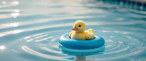 A rubber duck floating in a pool photo