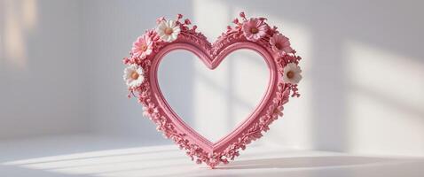 A pink heart shaped frame with flowers on it photo