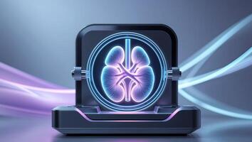 Futuristic Glowing Kidney Displayed in a Diagnostic Device With an Abstract Modern Background photo