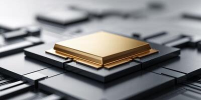 Golden Microprocessor Chip On Circuit Board. photo