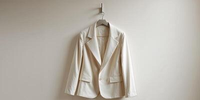 Ivory Jacket Hanging Gracefully with Freestanding Design and Soft Background Ideal for Text Placement photo
