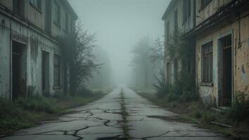 An empty street in the middle of an abandoned town photo