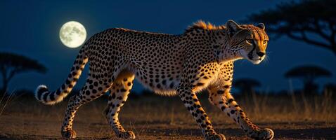 A cheetah walking in the night with the moon in the background photo