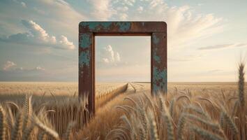 An open door in a field of wheat photo