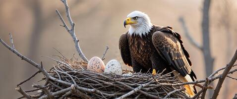 A bald eagle sits on top of its nest with eggs photo