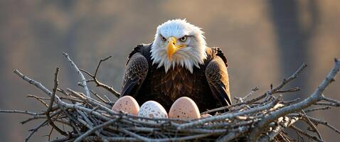 An eagle sits in a nest with eggs photo