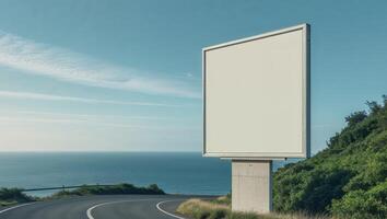 Blank billboard on the road with ocean in the background photo