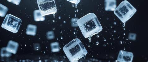Ice cubes falling from the sky on a black background photo