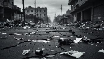 A black and white photo of a street with debris