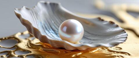 A pearl in a shell on a gold background photo