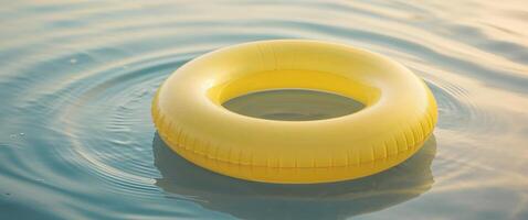 A yellow inflatable ring floating in a pool photo