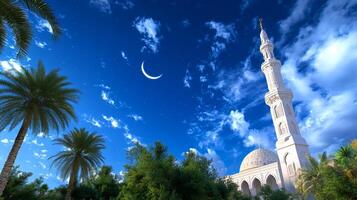 The mosque is surrounded by palm trees and a crescent moon photo
