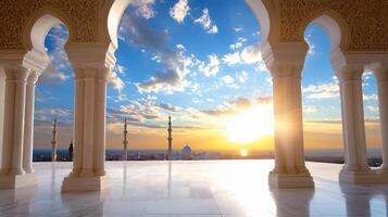 A serene view through arches at sunset, highlighting architectural beauty. photo