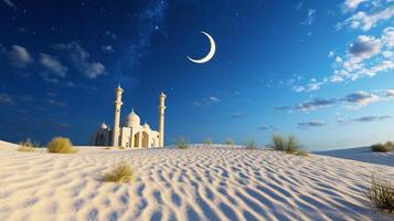 A serene desert landscape featuring a mosque under a crescent moon. photo